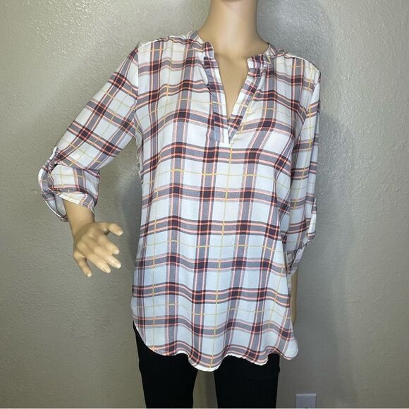 Penelope Long Sleeve Plaid Pattern Lightweight Blouse Cream Neon Coral Black Med - Picture 3 of 11
